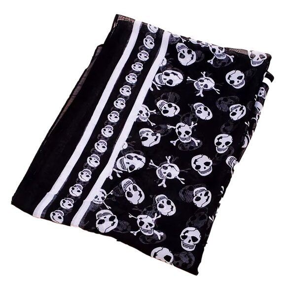 NEW Soft Silky Poly Chiffon B/W Long Scarf w/Skull & Stripe Border 19” W… - Picture 6 of 8